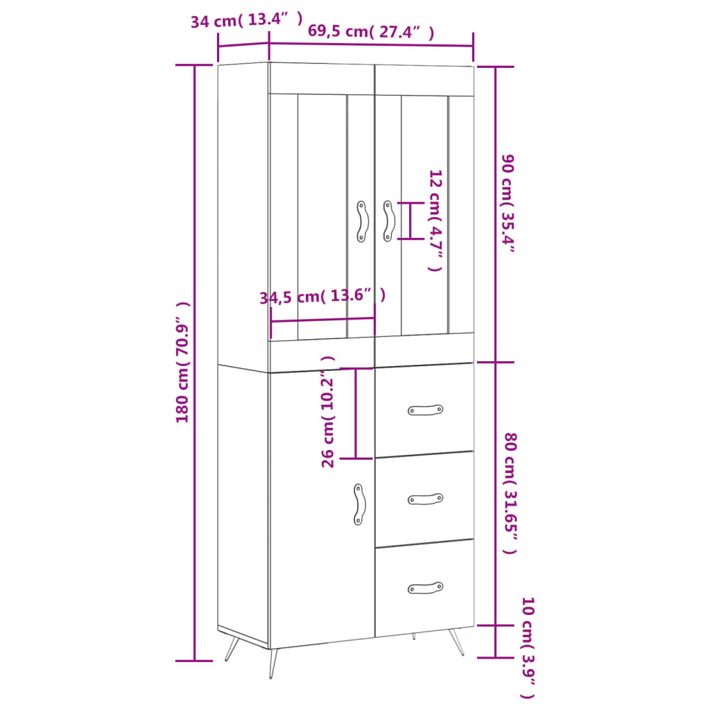 vidaXL Skříň highboard šedá sonoma 69,5 x 34 x 180 cm kompozitní dřevo