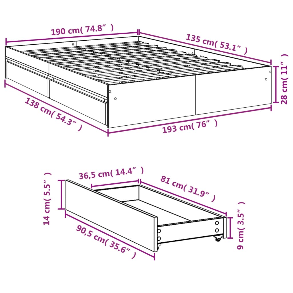 vidaXL Rám postele se zásuvkami černý 135 x 190 cm kompozitní dřevo