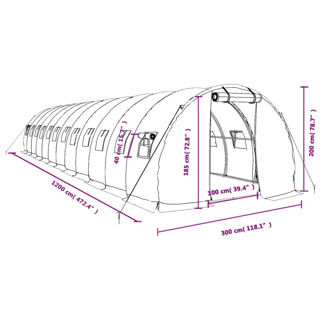 vidaXL Skleník s ocelovým rámem zelený 36 m² 12 x 3 x 2 m