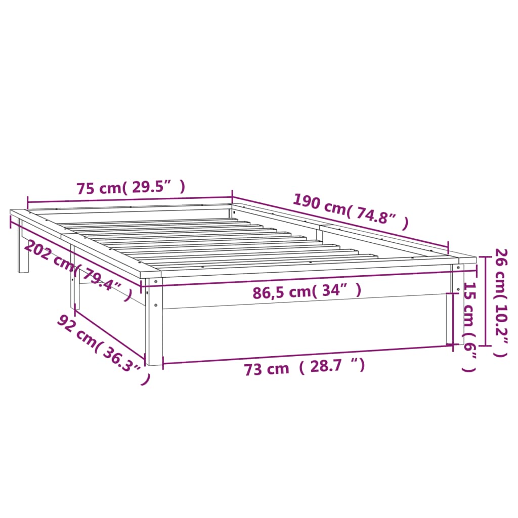 vidaXL Rám postele s LED šedý 75 x 190 cm Small Single masivní dřevo