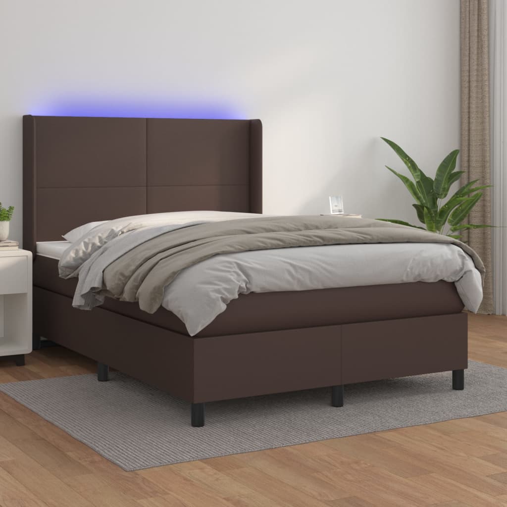 vidaXL Box spring postel s matrací a LED hnědá 140x200 cm umělá kůže