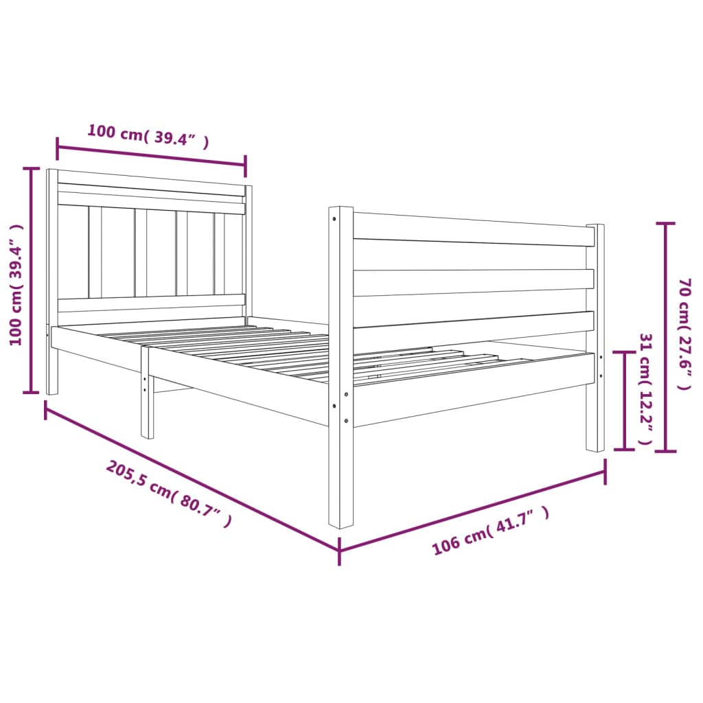 vidaXL Rám postele bílý masivní dřevo 100 x 200 cm